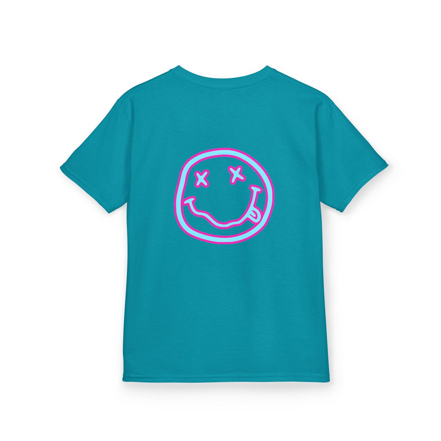 Kids T-Shirt — Neon Smiley Face Graphic Tee (Pink & Blue)