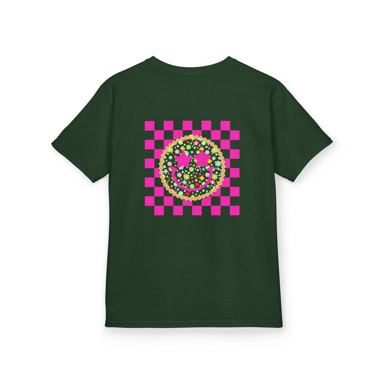 Kids Tee — Retro Pink Checker Smiley Face with Star Eyes