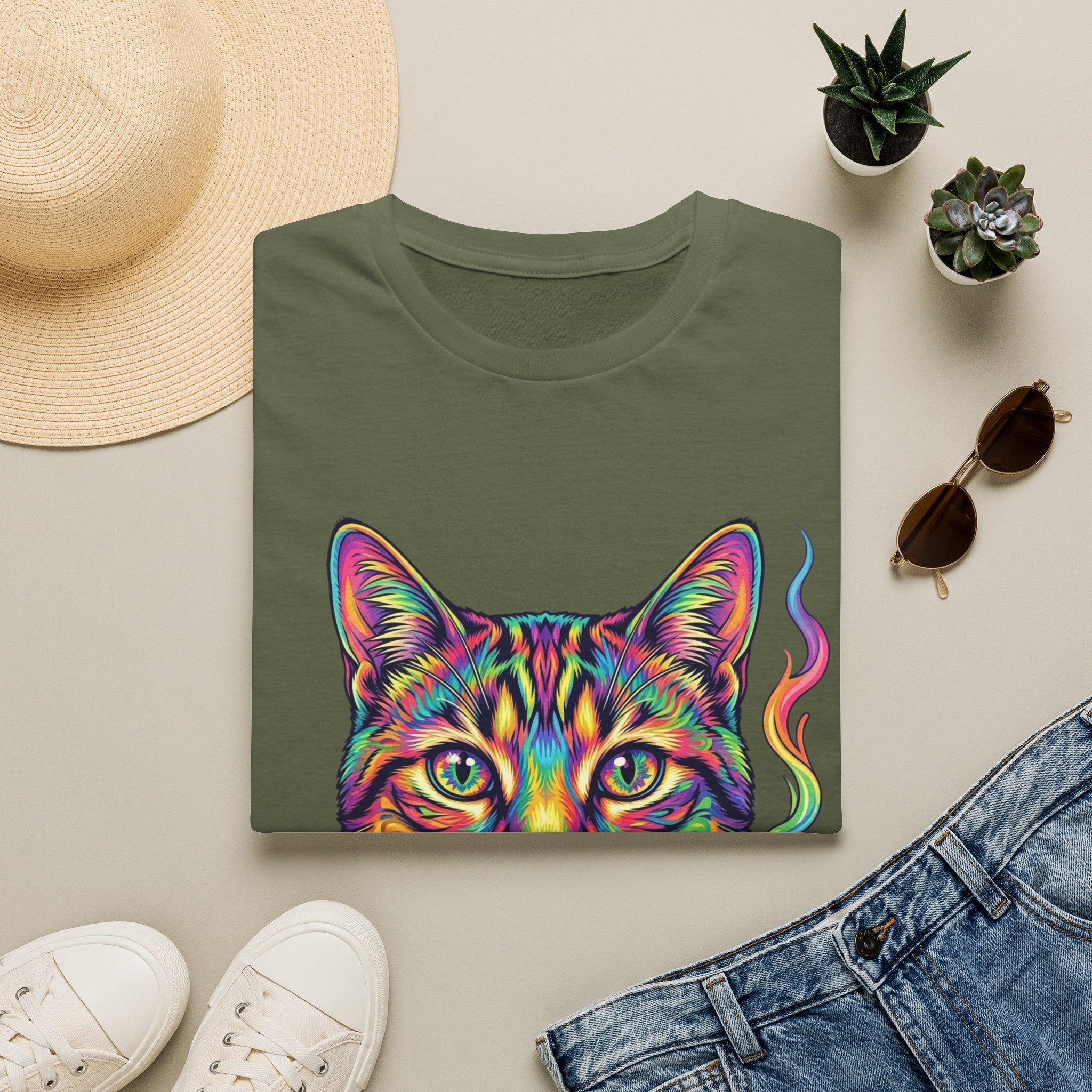 Colorful Psychedelic Cat T-Shirt — Vibrant Rainbow Cat Portrait Tee
