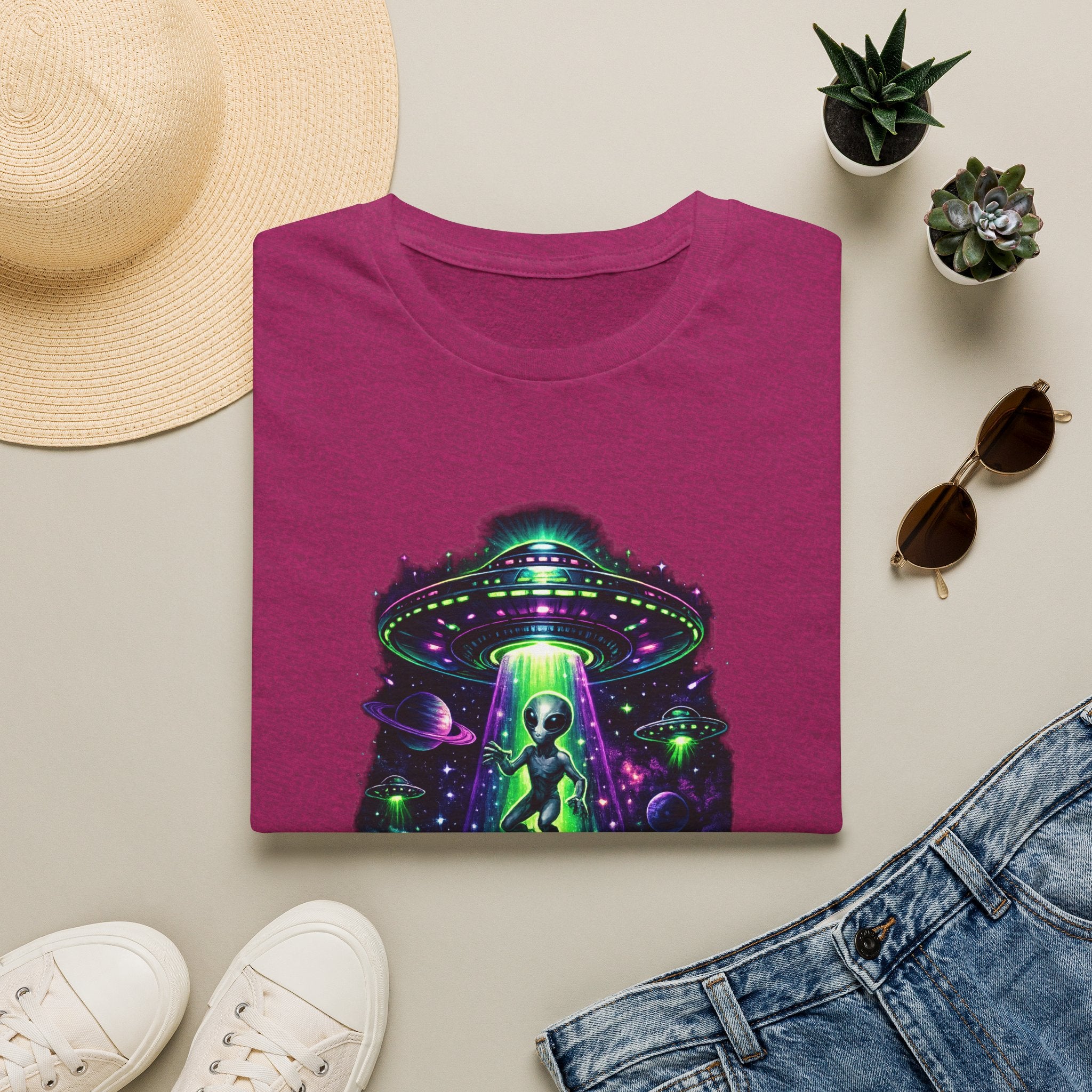 Alien Abduction Graphic Tee — Neon UFO & Alien Illustration T-Shirt