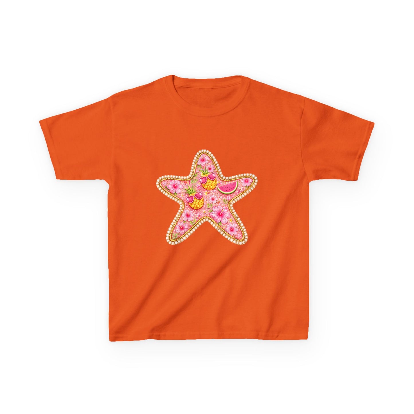 Kids Starfish Tee — Pink Floral Sequin Star Design
