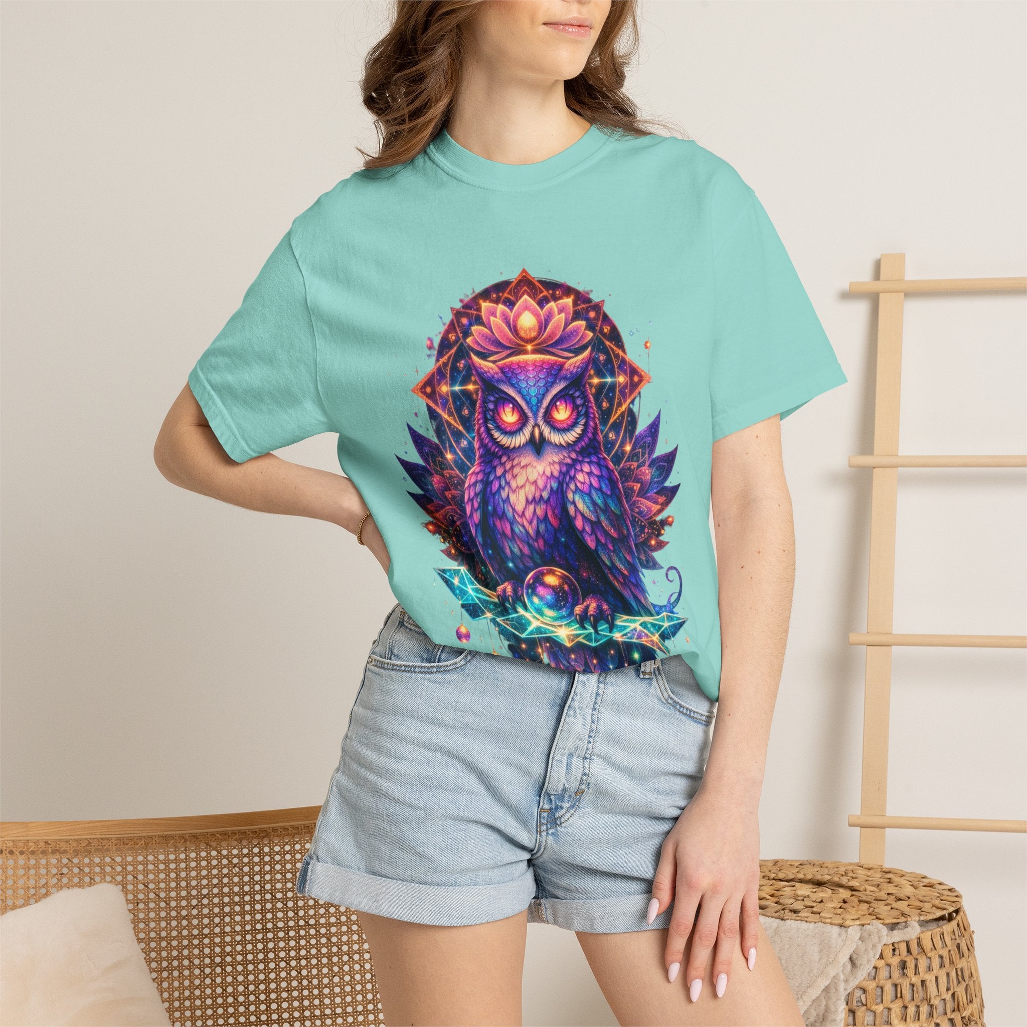 Mystic Owl Graphic T-Shirt — Colorful Boho Owl Art Tee