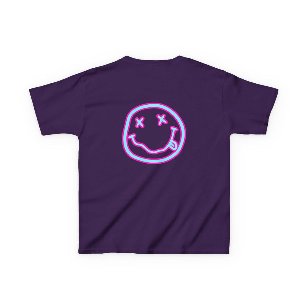Kids T-Shirt — Neon Smiley Face Graphic Tee (Pink & Blue)