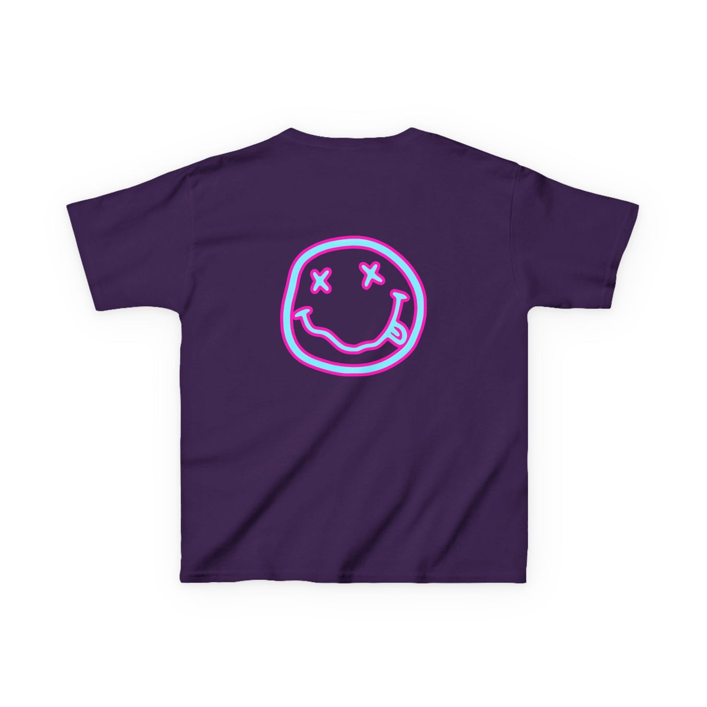 Kids T-Shirt — Neon Smiley Face Graphic Tee (Pink & Blue)
