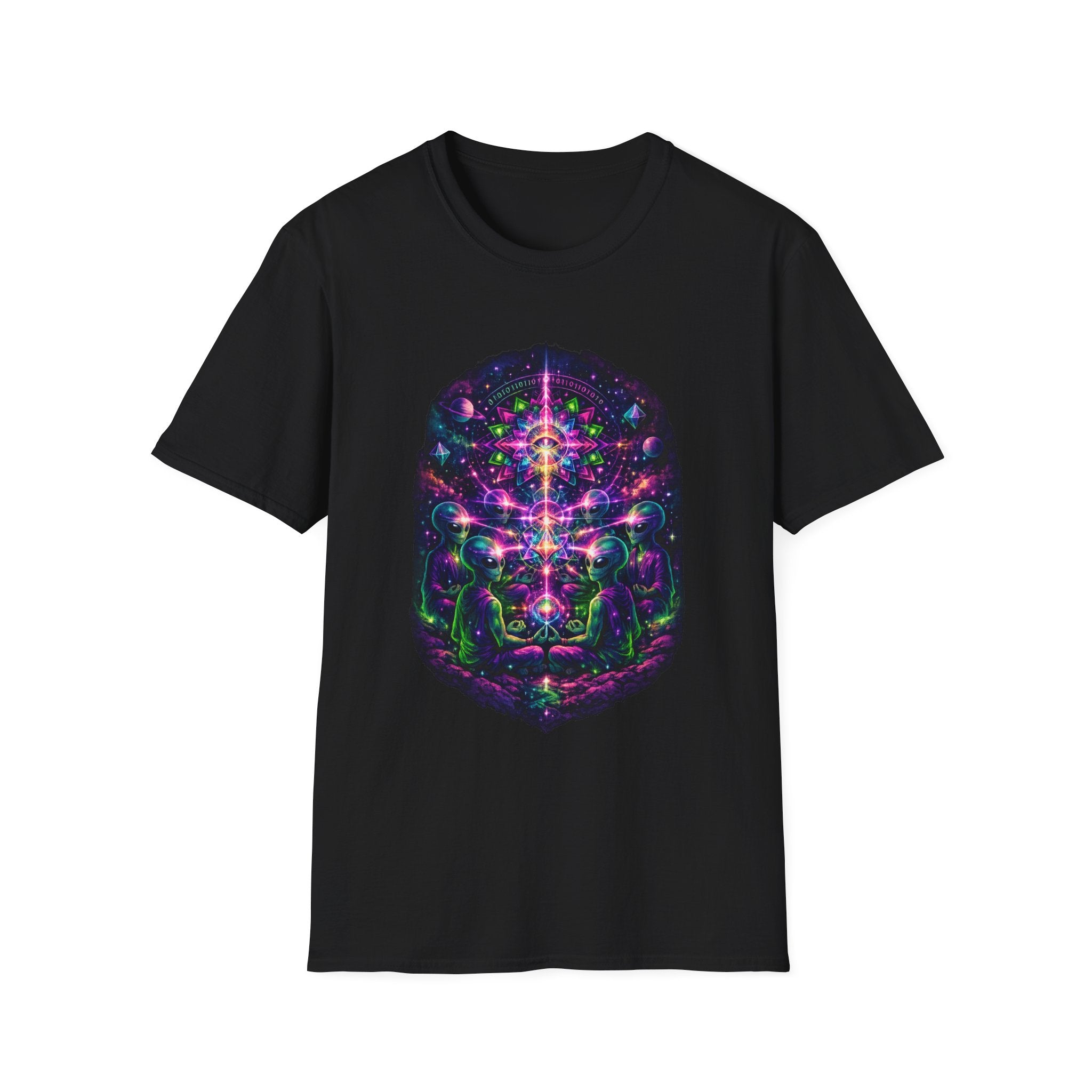 Psychedelic Cosmic Alien T-Shirt — Neon Sacred Geometry Tee