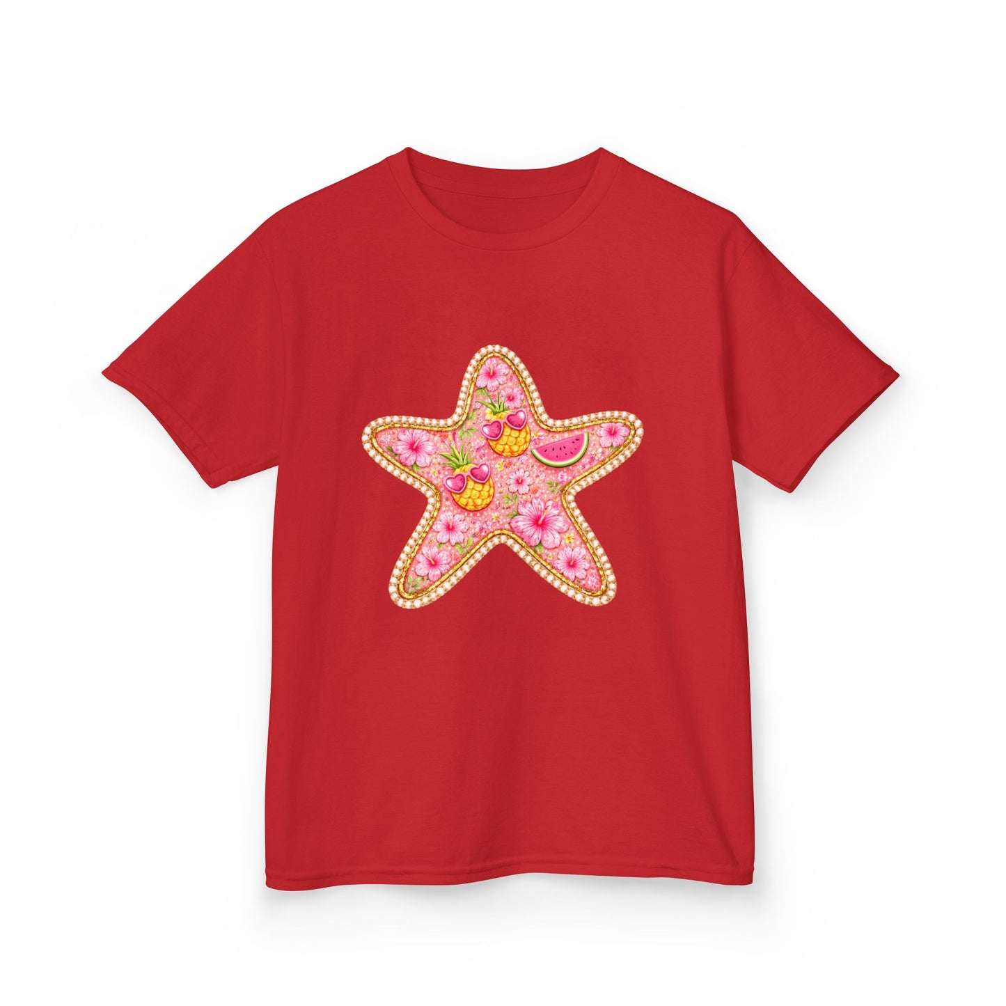Kids Starfish Tee — Pink Floral Sequin Star Design