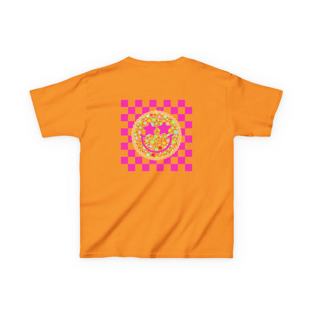 Kids Tee — Retro Pink Checker Smiley Face with Star Eyes