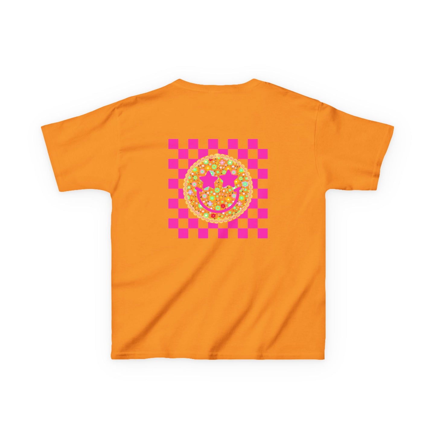 Kids Tee — Retro Pink Checker Smiley Face with Star Eyes