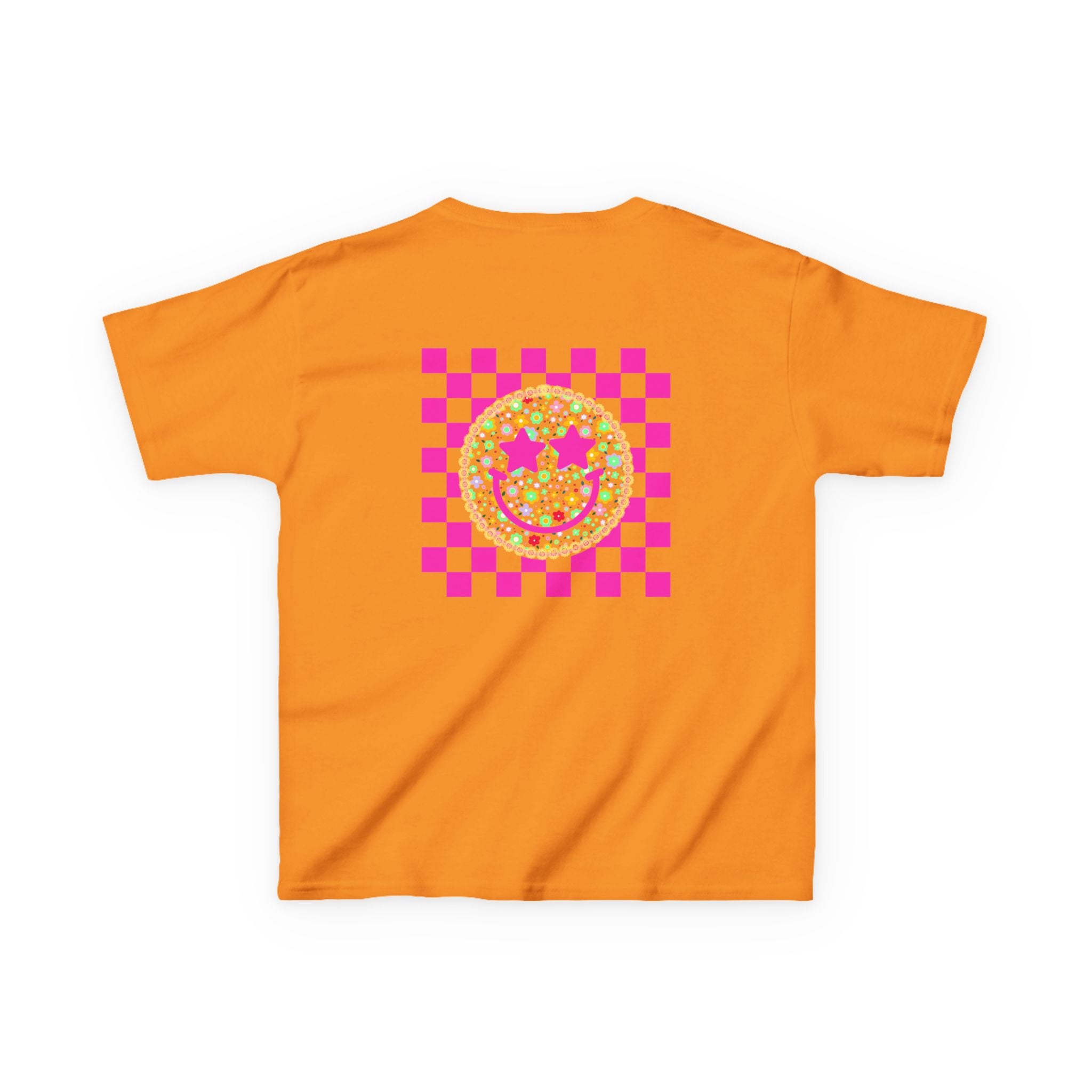 Kids Tee — Retro Pink Checker Smiley Face with Star Eyes