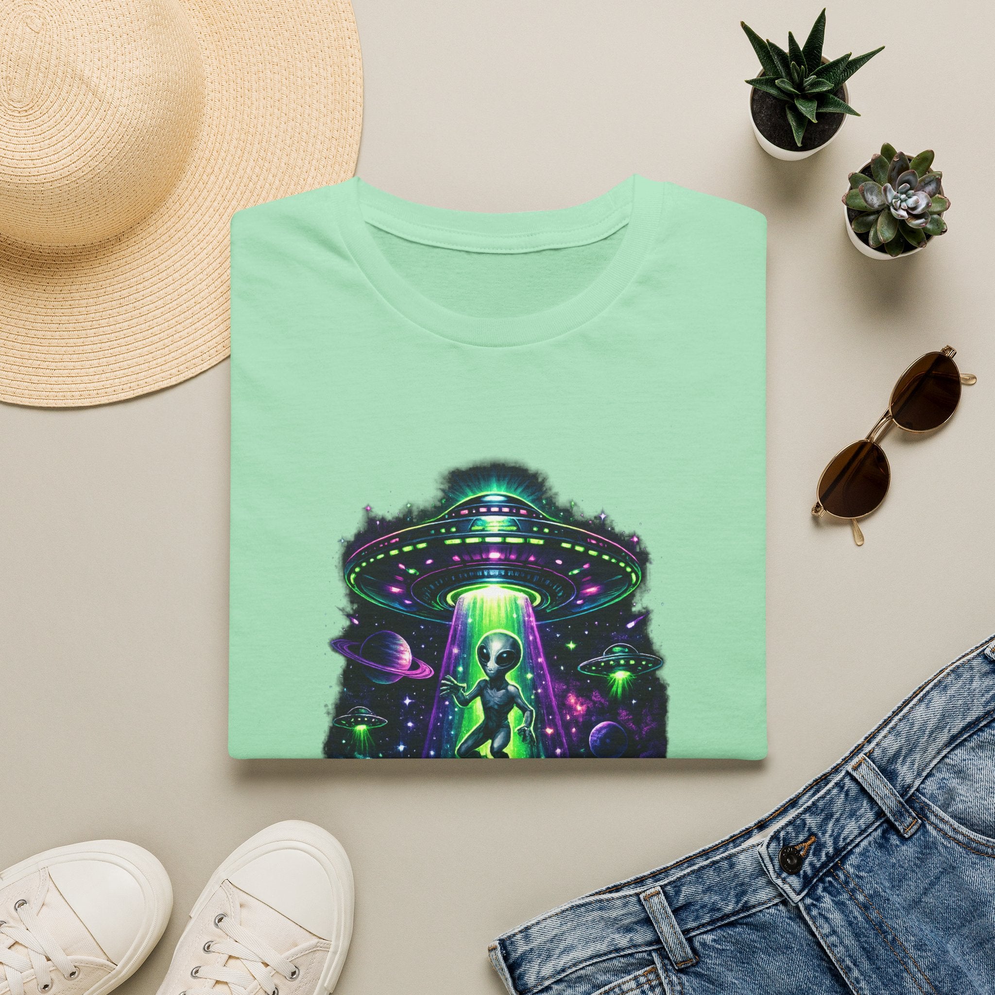 Alien Abduction Graphic Tee — Neon UFO & Alien Illustration T-Shirt