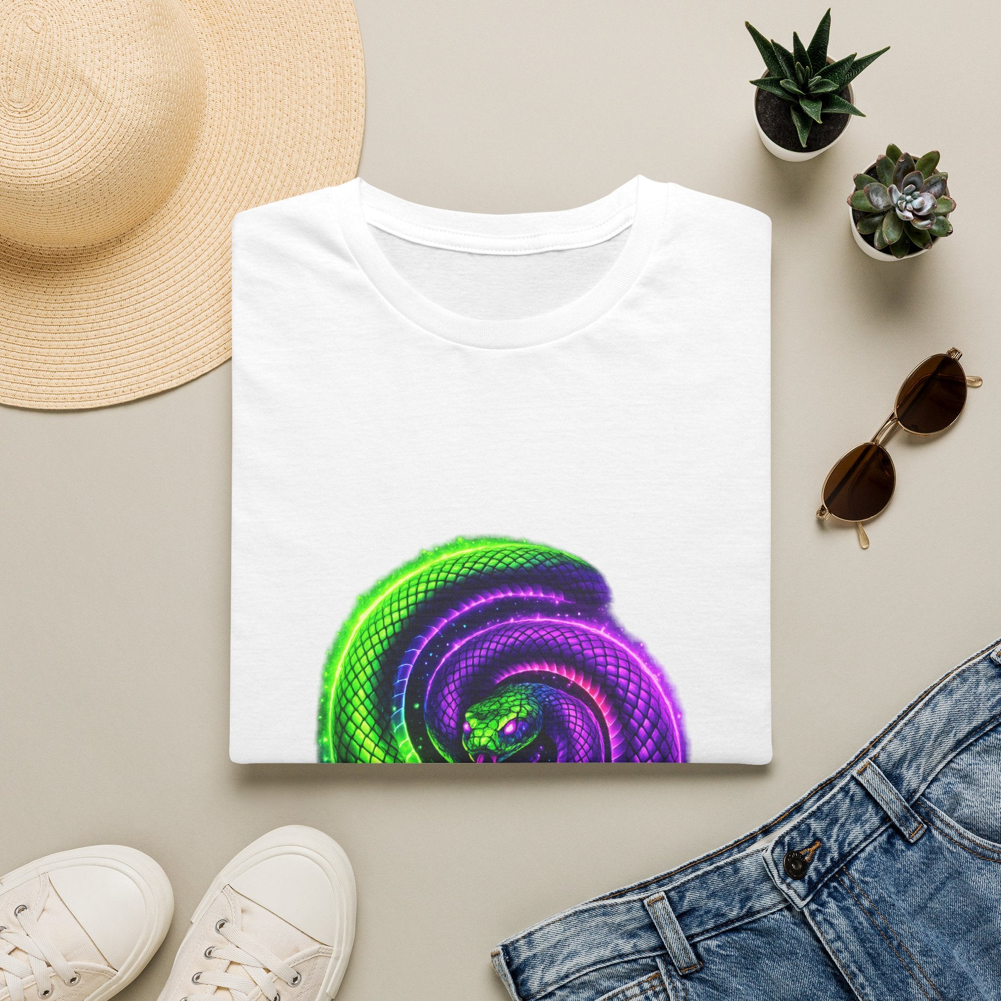 Psychedelic Spiral Snake T-Shirt — Neon Green & Purple Swirl Graphic Tee