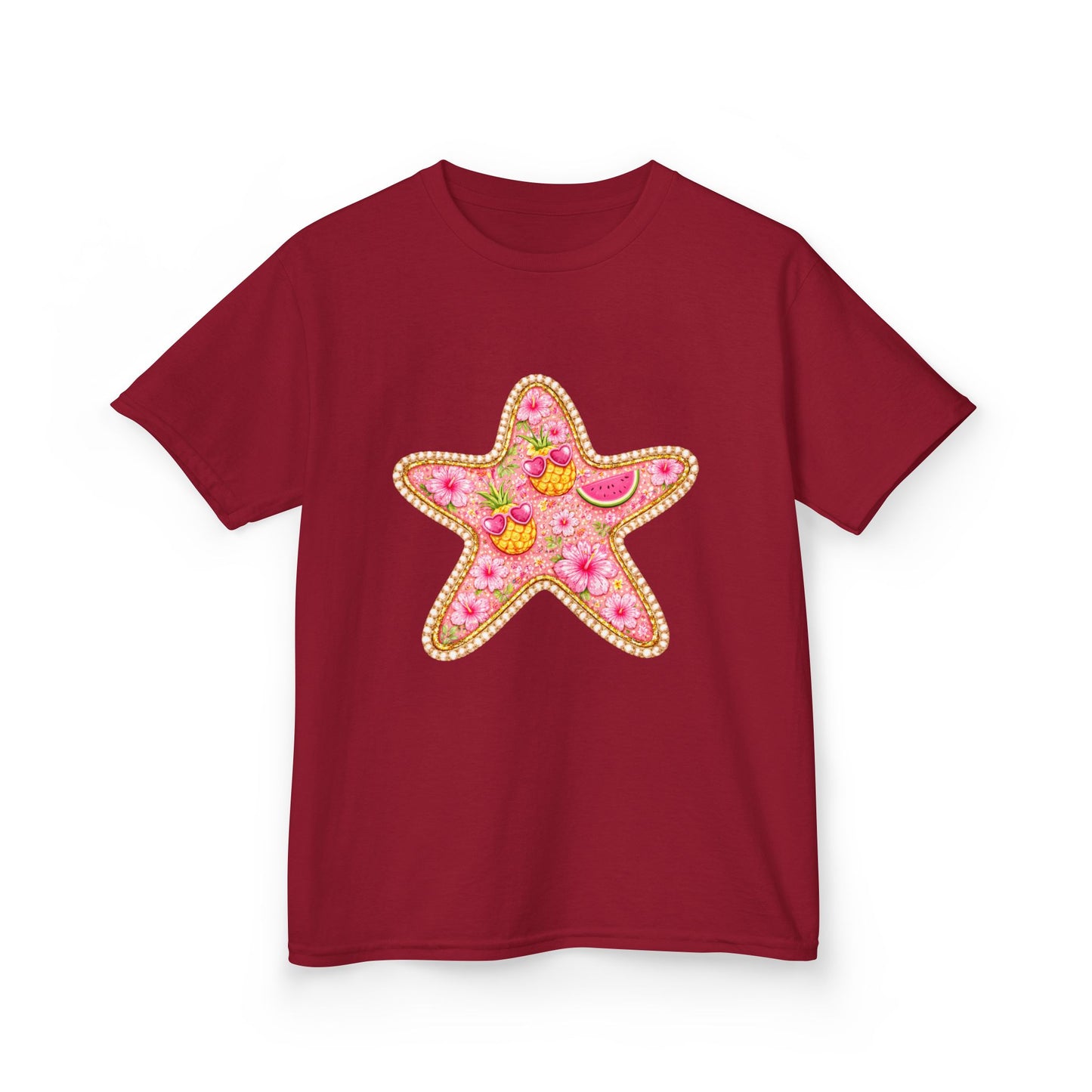 Kids Starfish Tee — Pink Floral Sequin Star Design