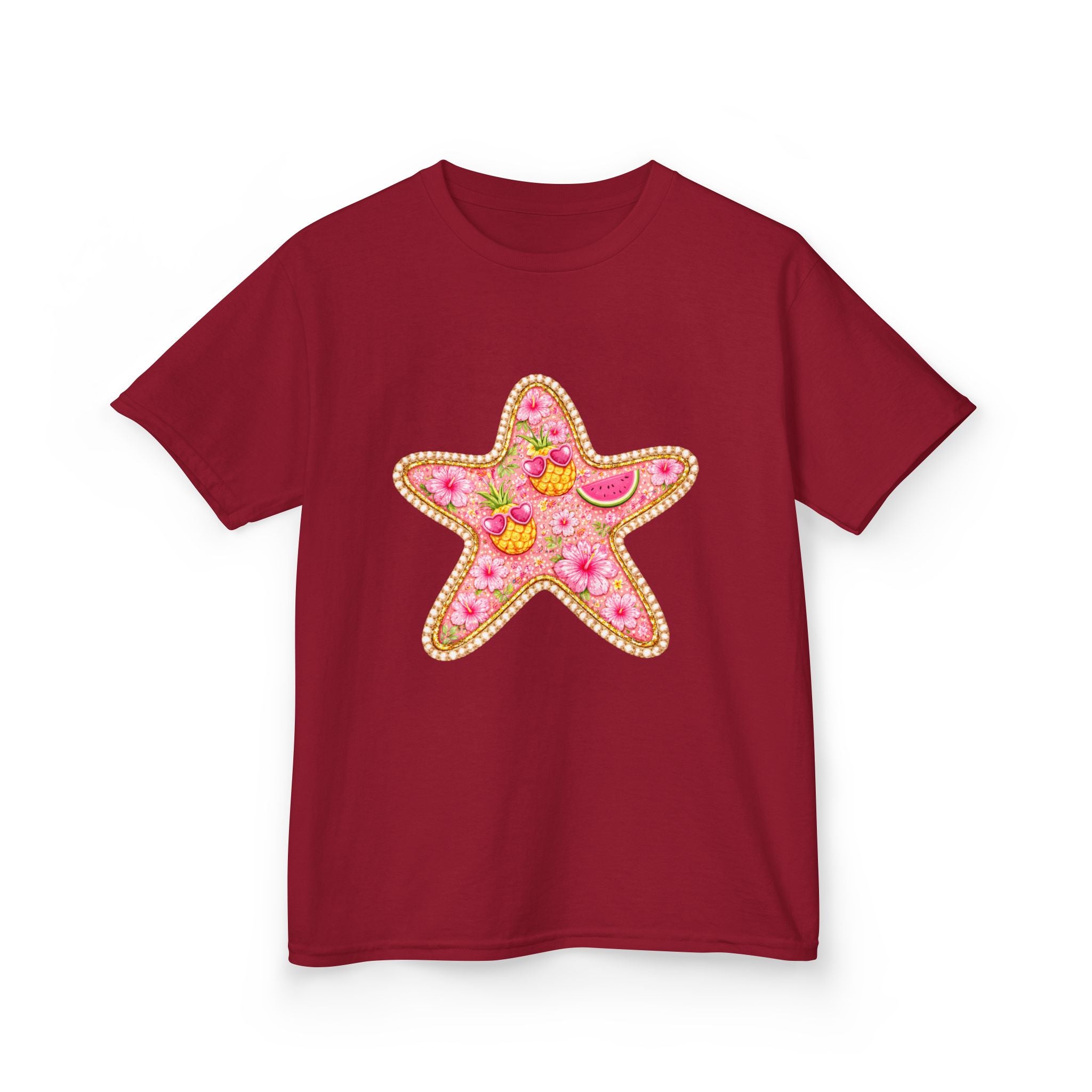 Kids Starfish Tee — Pink Floral Sequin Star Design