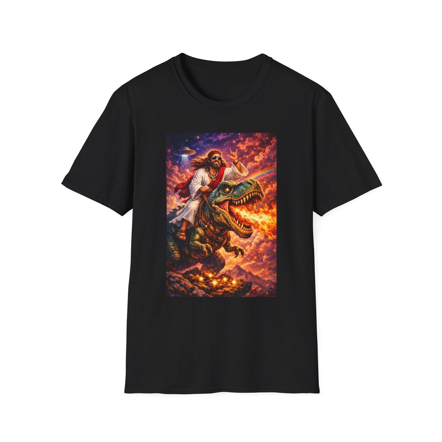 Jesus Riding T-Rex Graphic Tee — Retro UFO Apocalypse Art Shirt