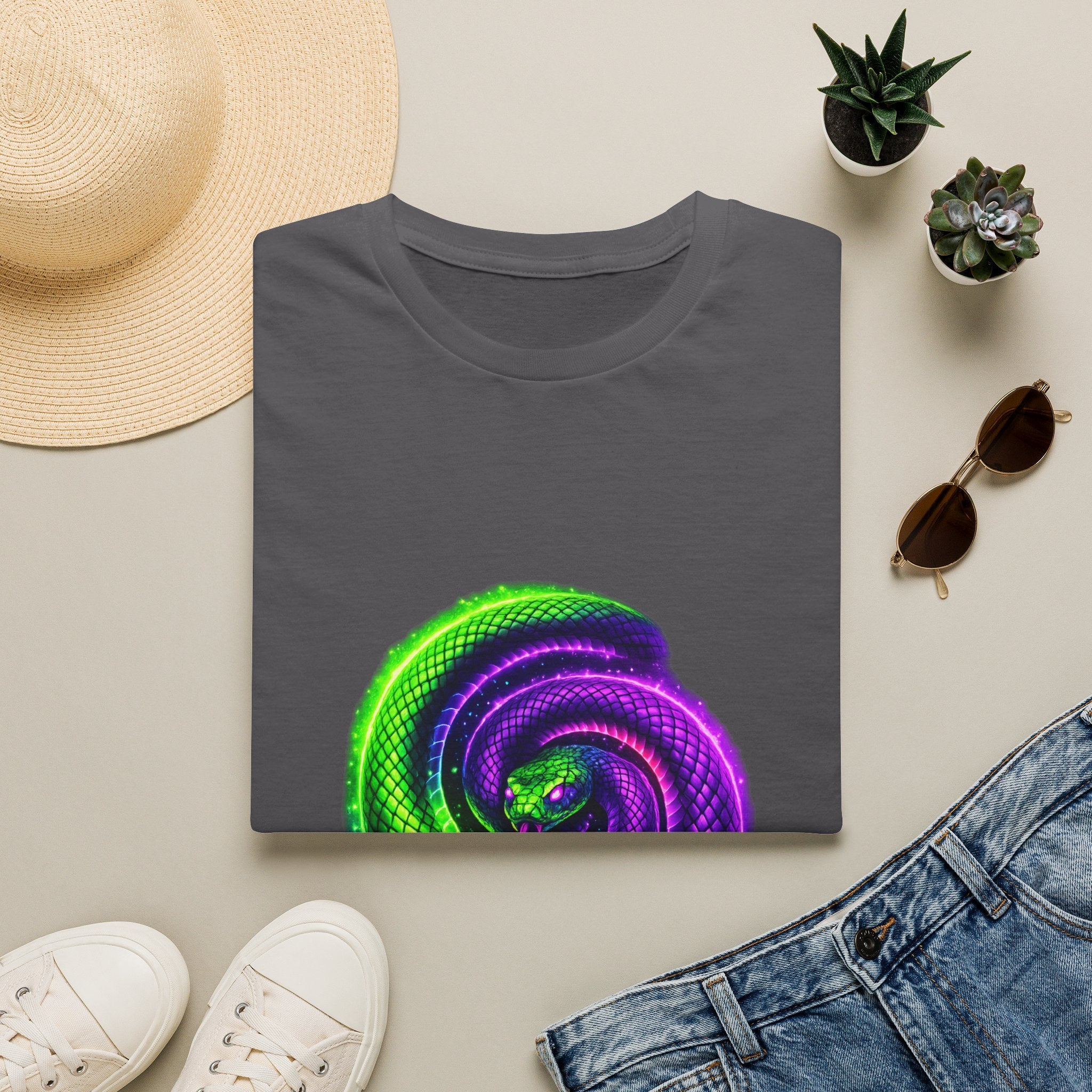 Psychedelic Spiral Snake T-Shirt — Neon Green & Purple Swirl Graphic Tee
