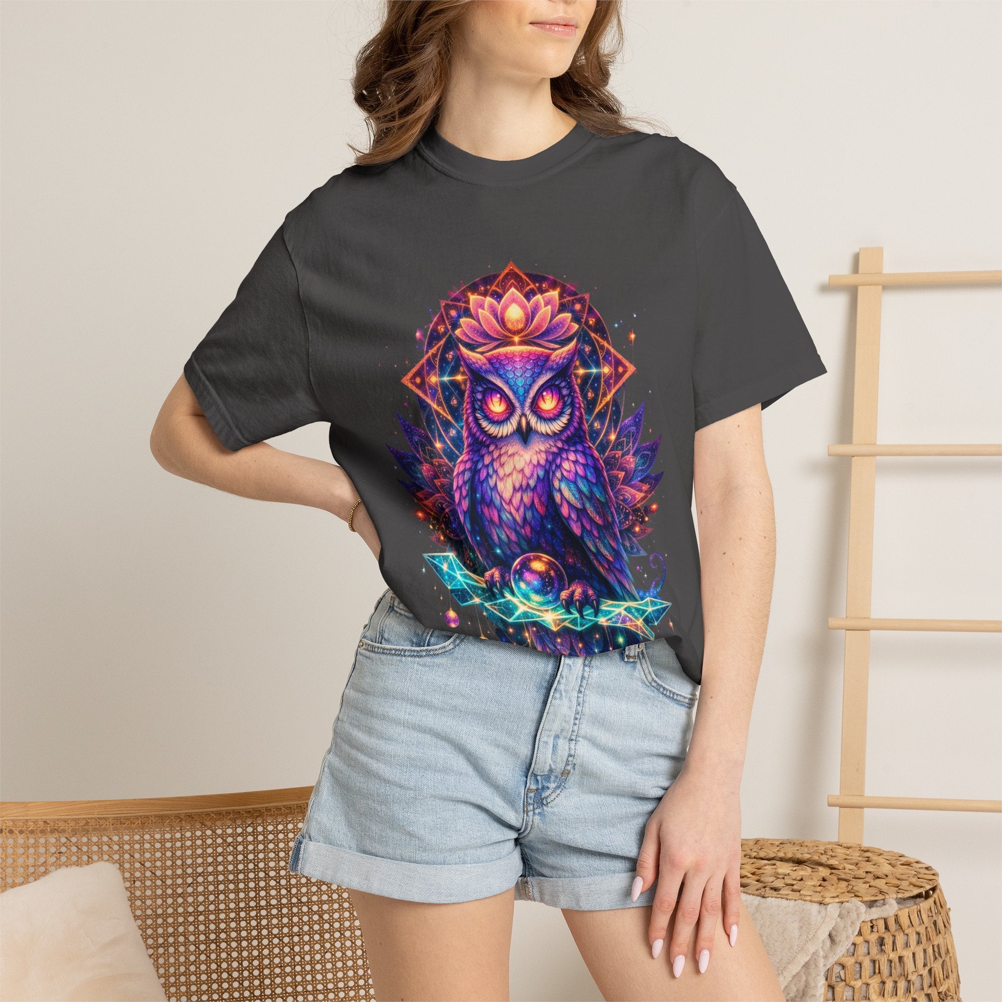 Mystic Owl Graphic T-Shirt — Colorful Boho Owl Art Tee