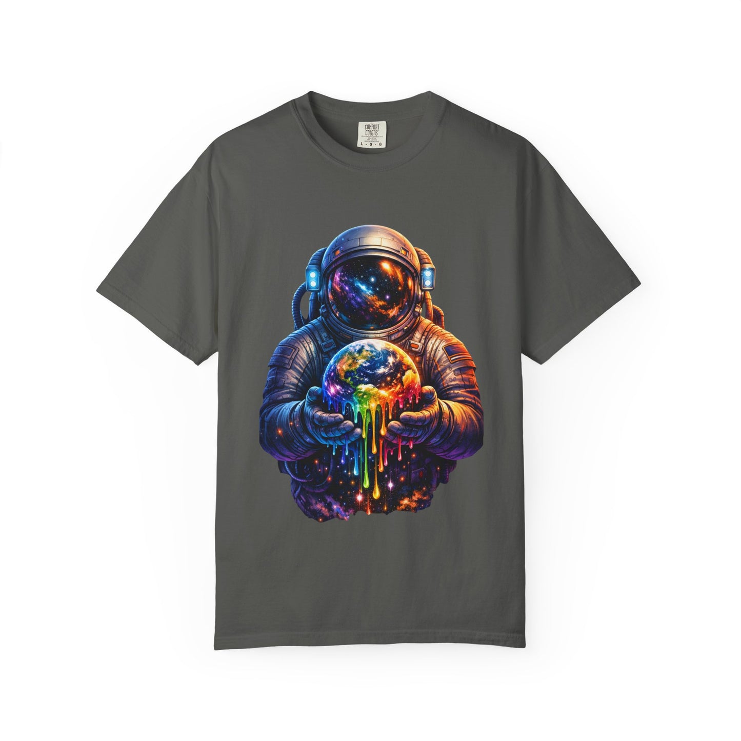 Astronaut Holding Melting Planet T-Shirt — Psychedelic Space Graphic Tee