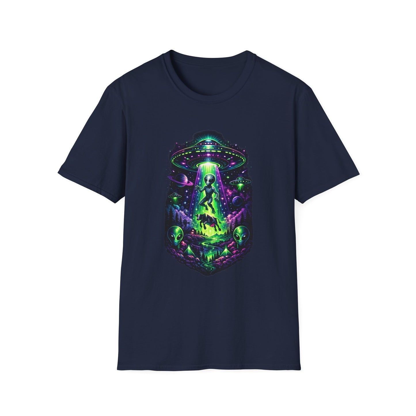 Alien Abduction Graphic Tee — Neon UFO & Alien Illustration T-Shirt