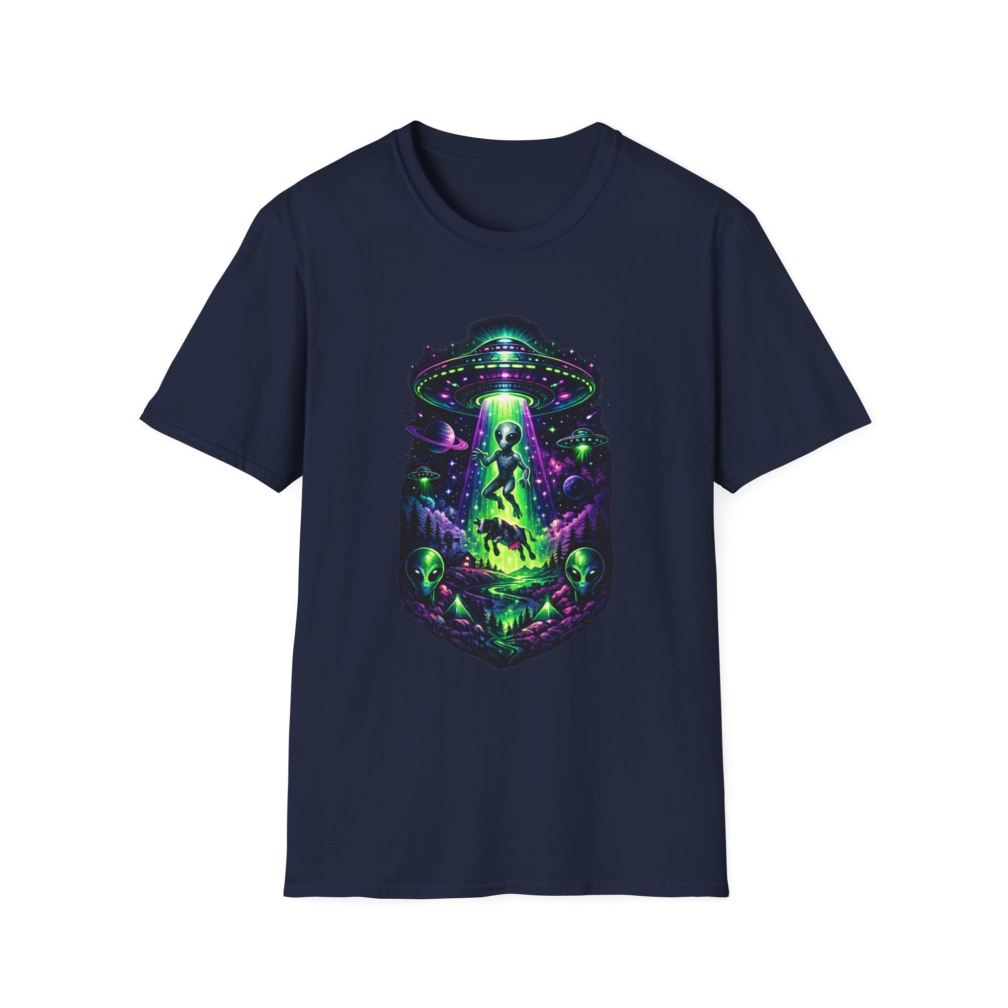 Alien Abduction Graphic Tee — Neon UFO & Alien Illustration T-Shirt
