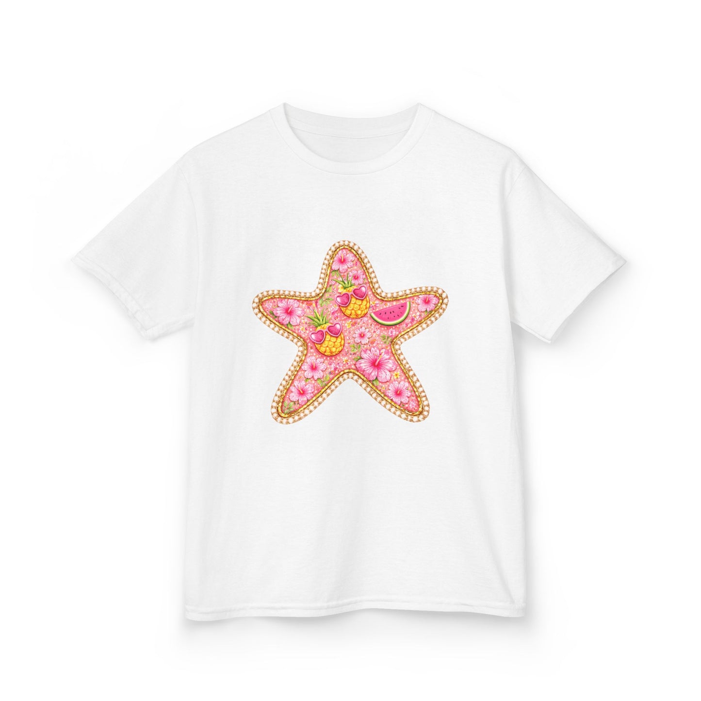 Kids Starfish Tee — Pink Floral Sequin Star Design