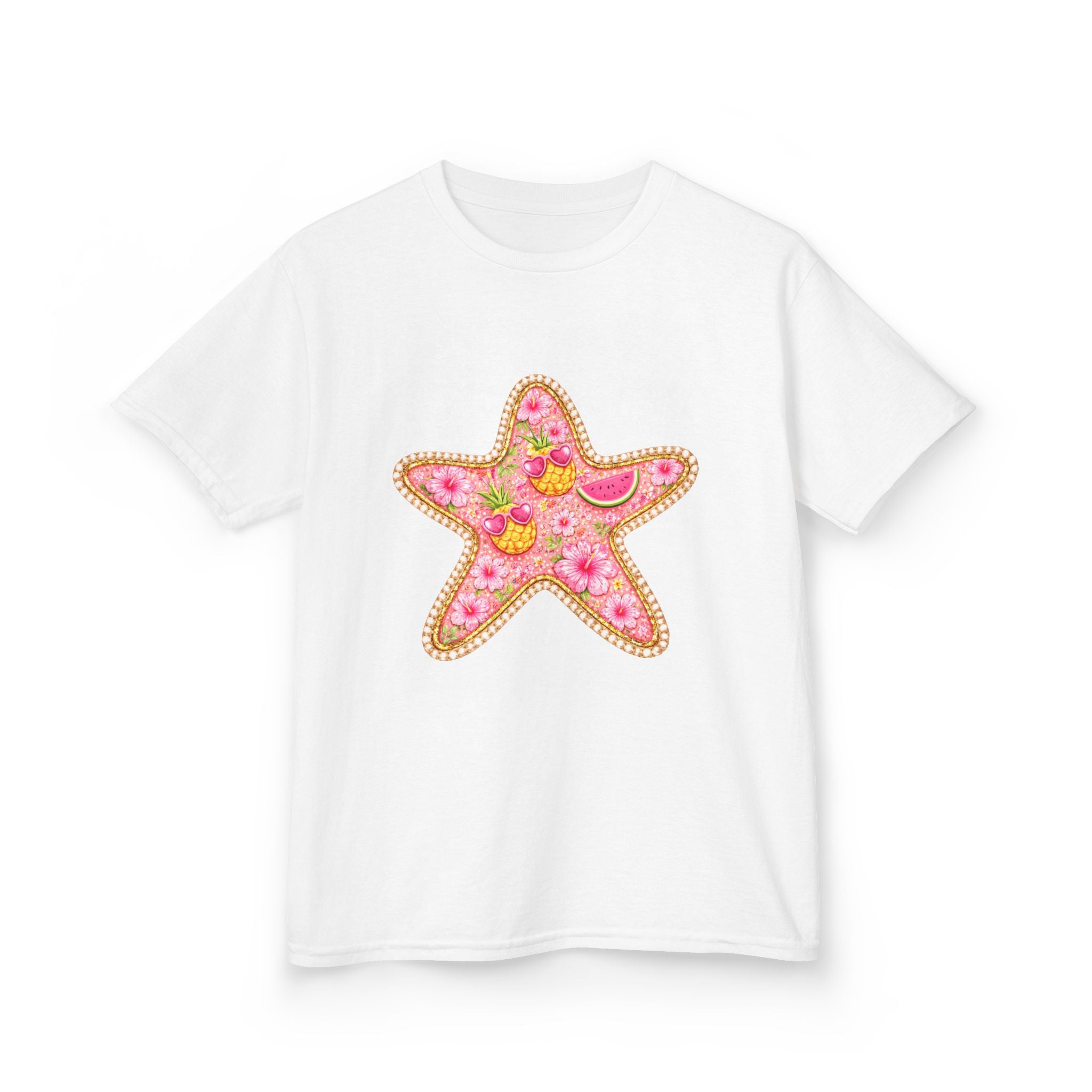 Kids Starfish Tee — Pink Floral Sequin Star Design