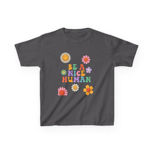 Kids T-Shirt — "Be a Nice Human" Retro Floral Graphic Tee