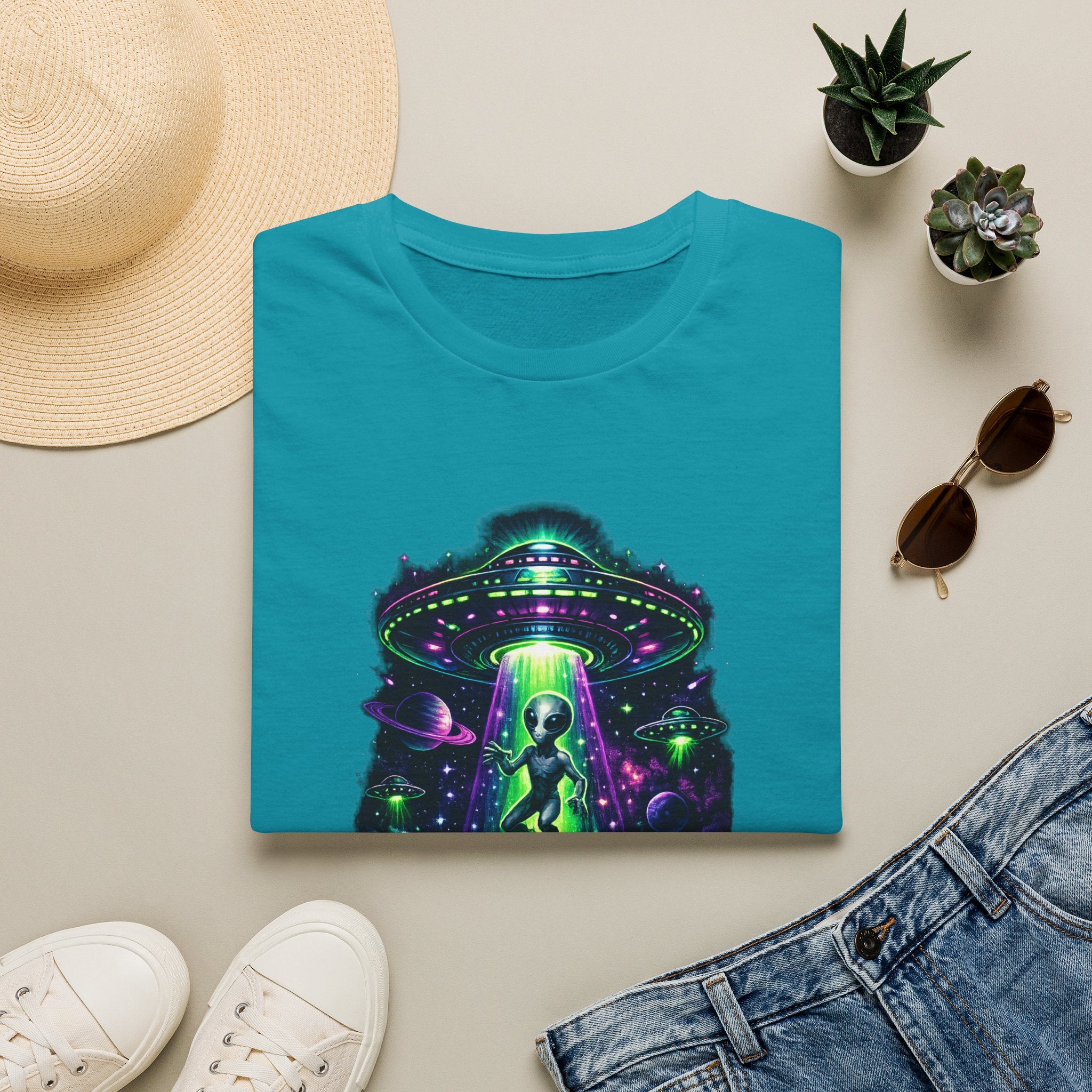 Alien Abduction Graphic Tee — Neon UFO & Alien Illustration T-Shirt