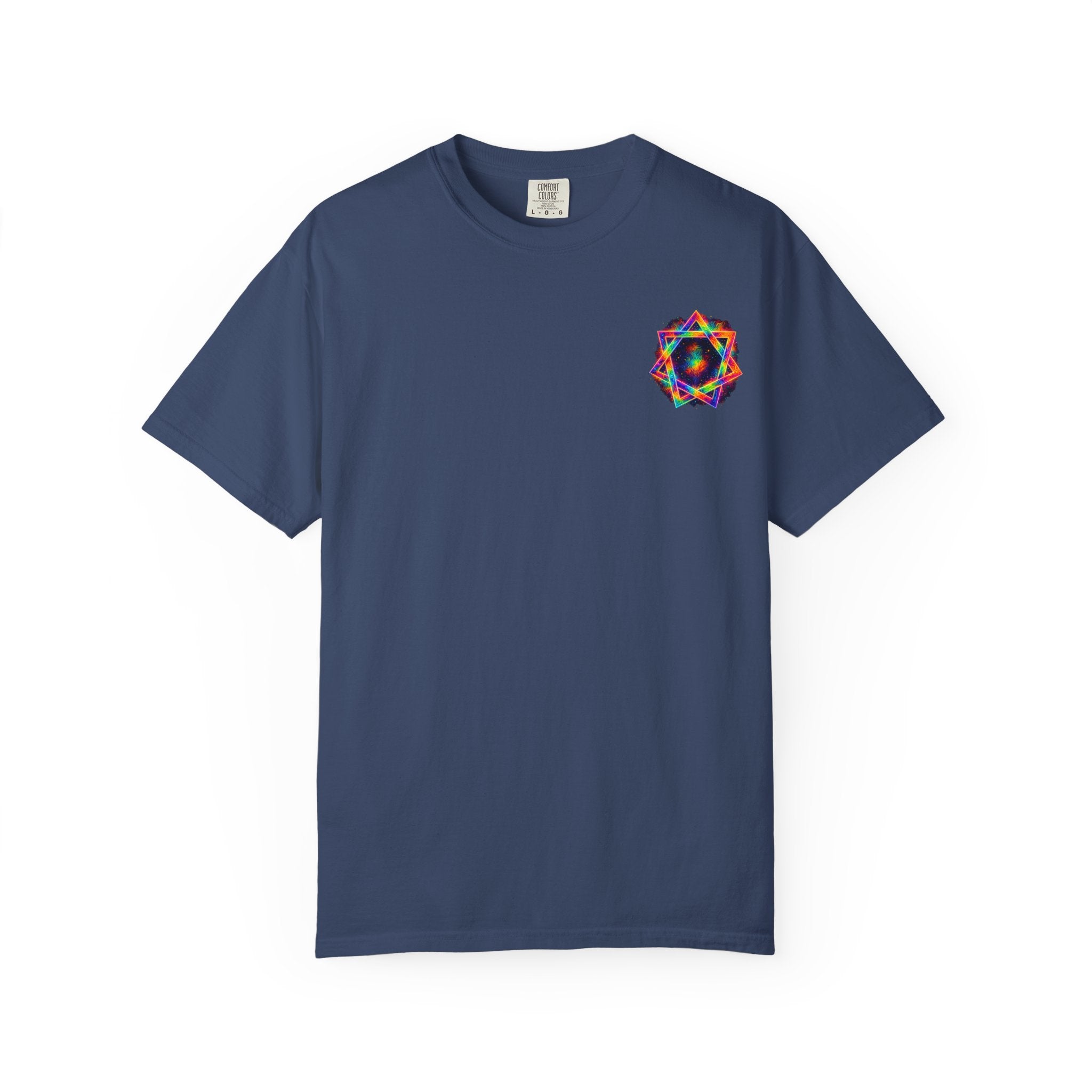 Psychedelic Geometric Star T-Shirt — Neon Mandala Chest & Back Graphic