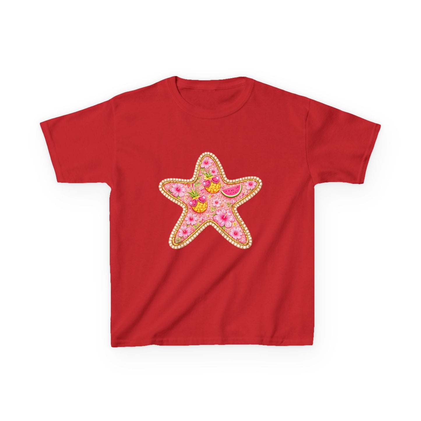 Kids Starfish Tee — Pink Floral Sequin Star Design