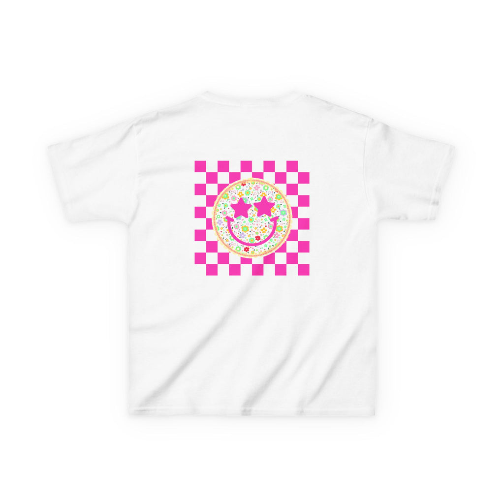 Kids Tee — Retro Pink Checker Smiley Face with Star Eyes