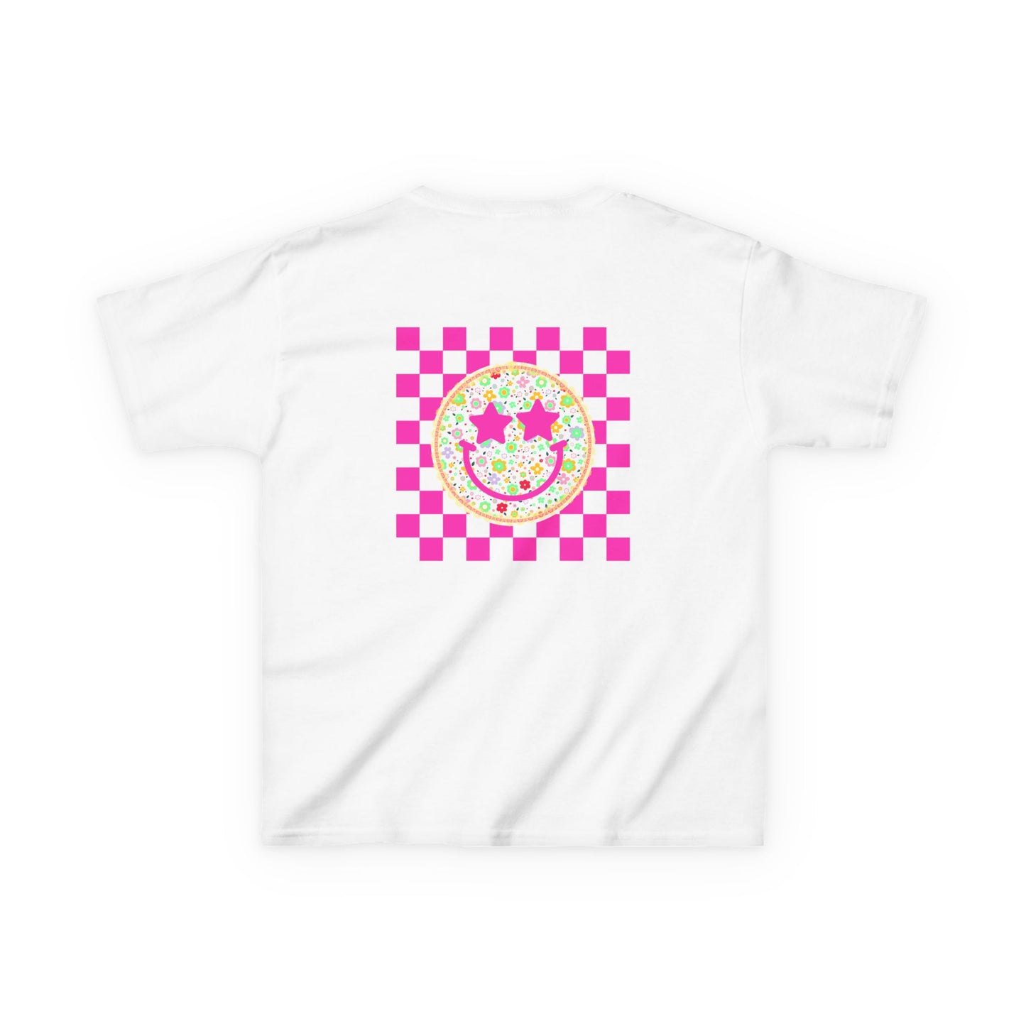 Kids Tee — Retro Pink Checker Smiley Face with Star Eyes