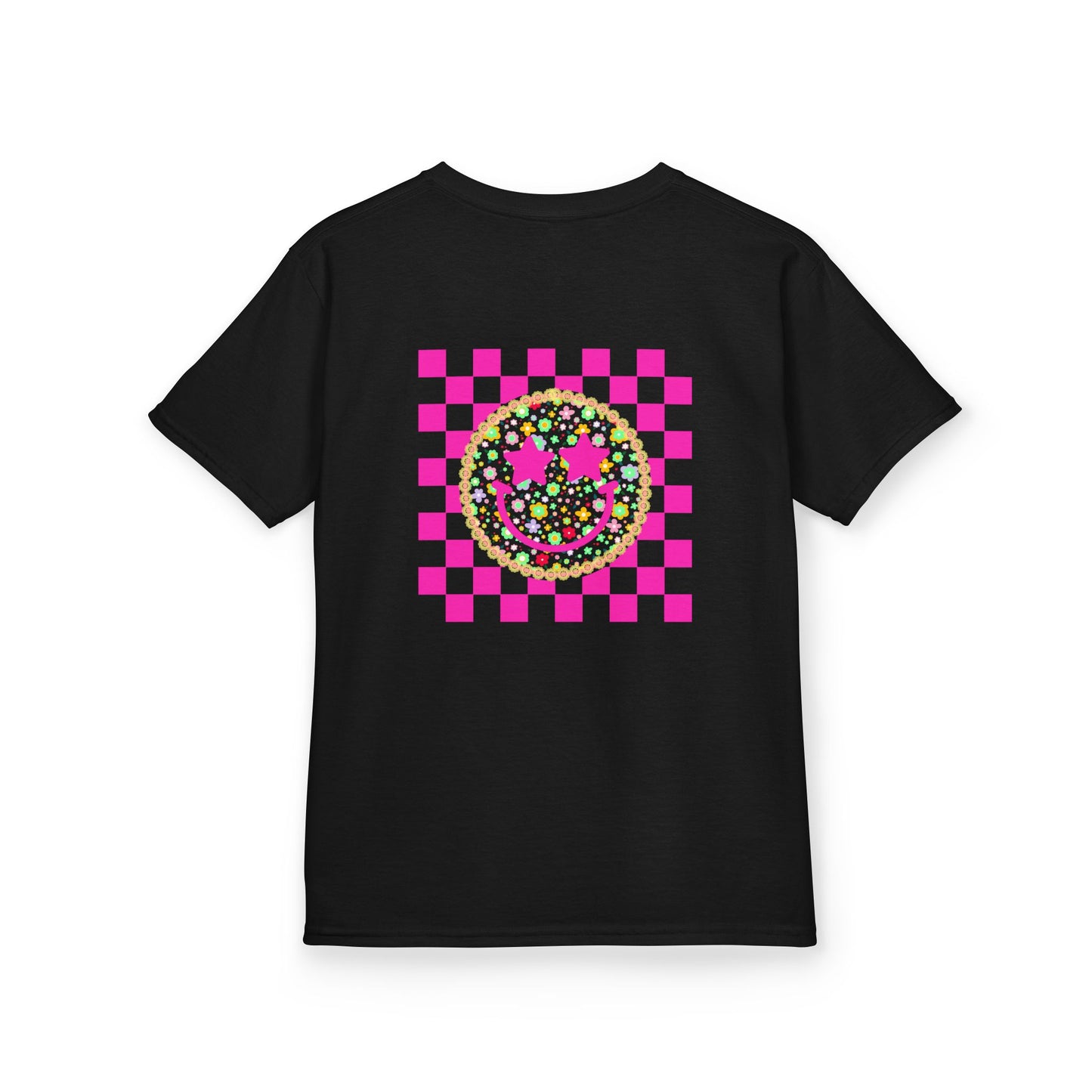 Kids Tee — Retro Pink Checker Smiley Face with Star Eyes