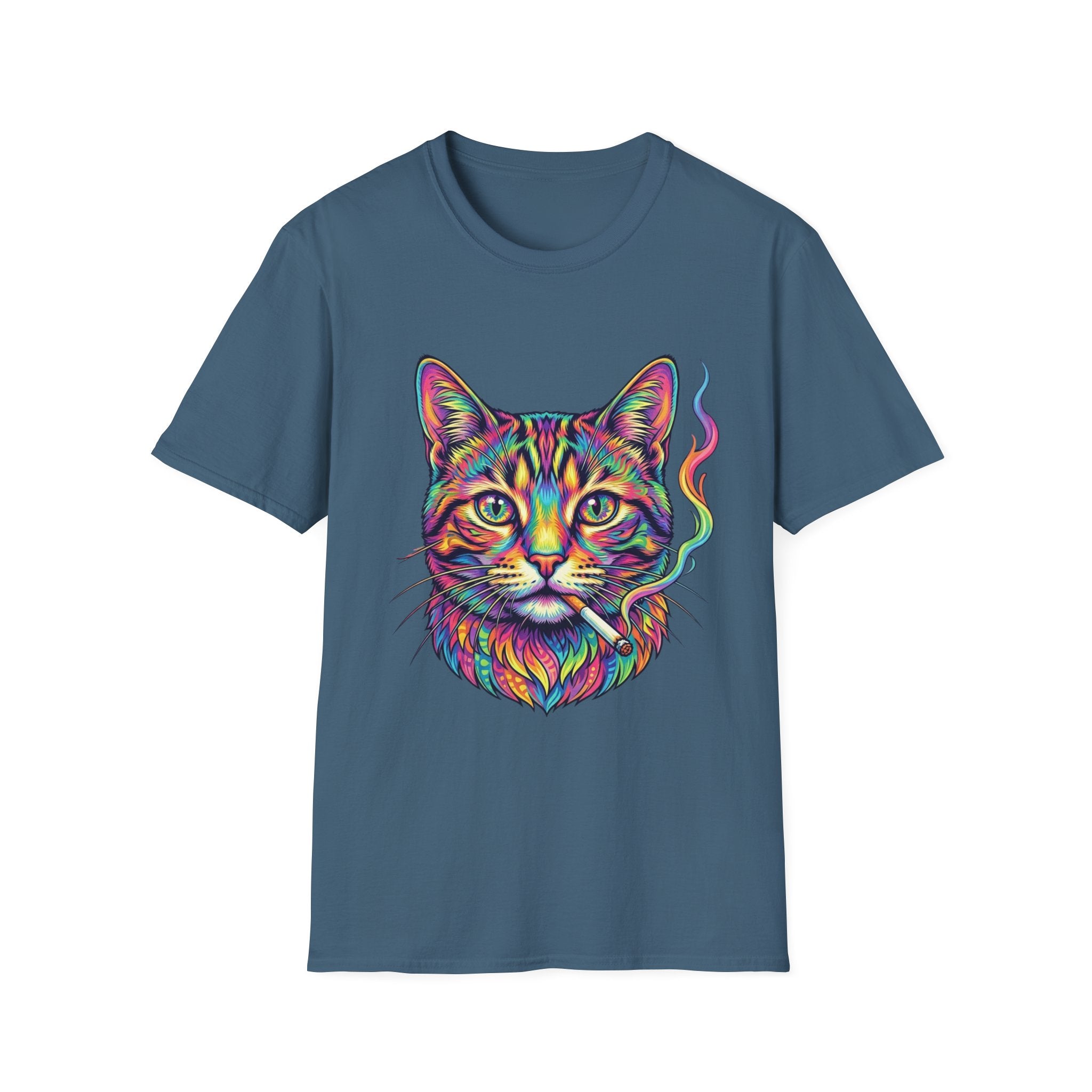 Colorful Psychedelic Cat T-Shirt — Vibrant Rainbow Cat Portrait Tee
