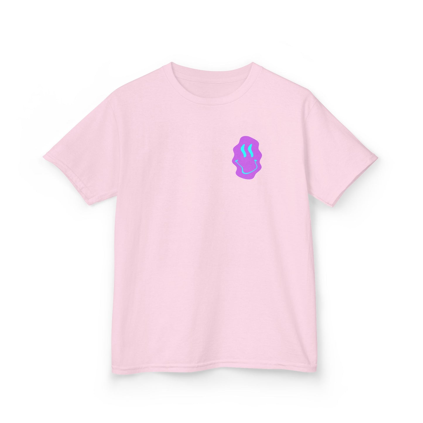 Kids T-Shirt — Neon Smiley Face Graphic Tee (Pink & Blue)