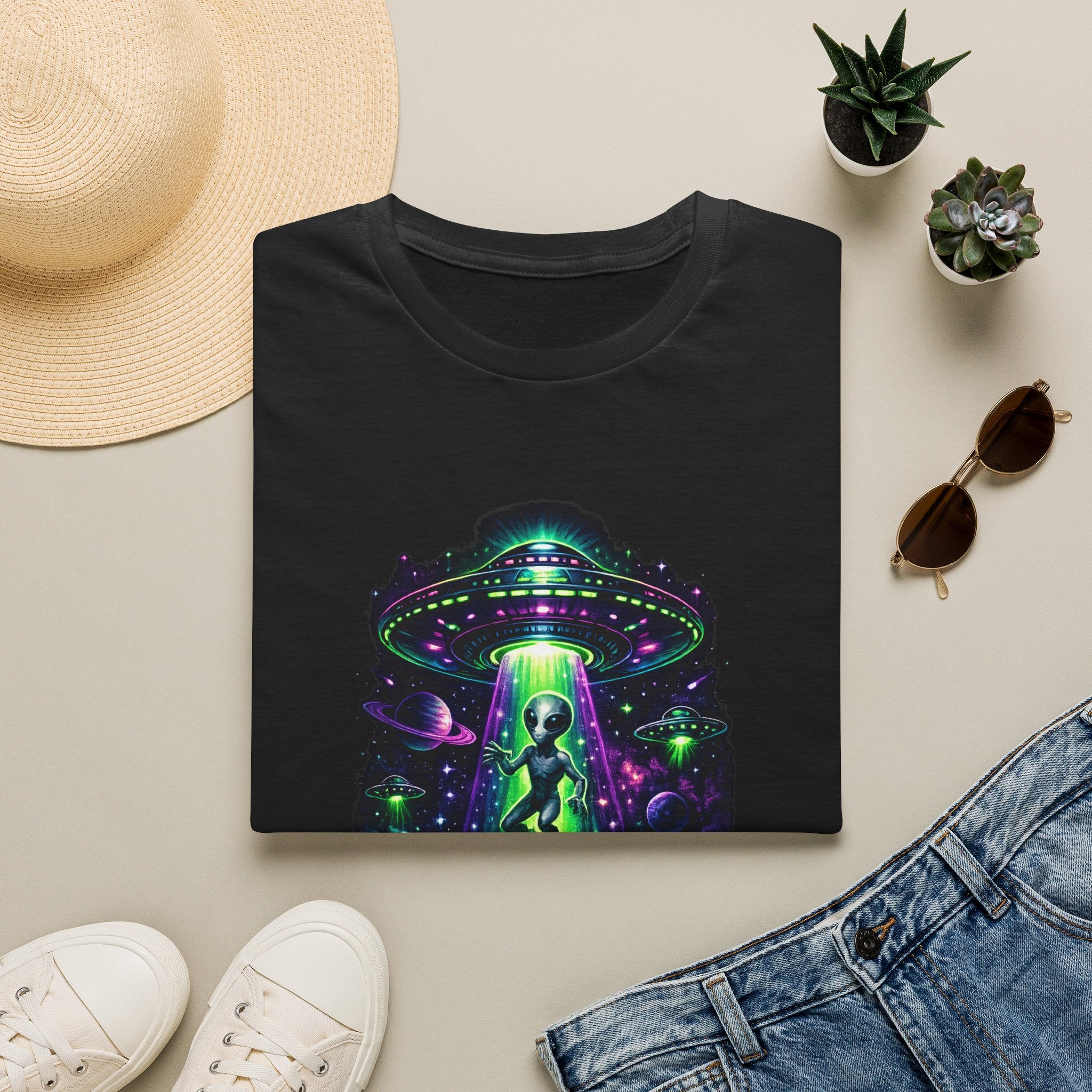 Alien Abduction Graphic Tee — Neon UFO & Alien Illustration T-Shirt