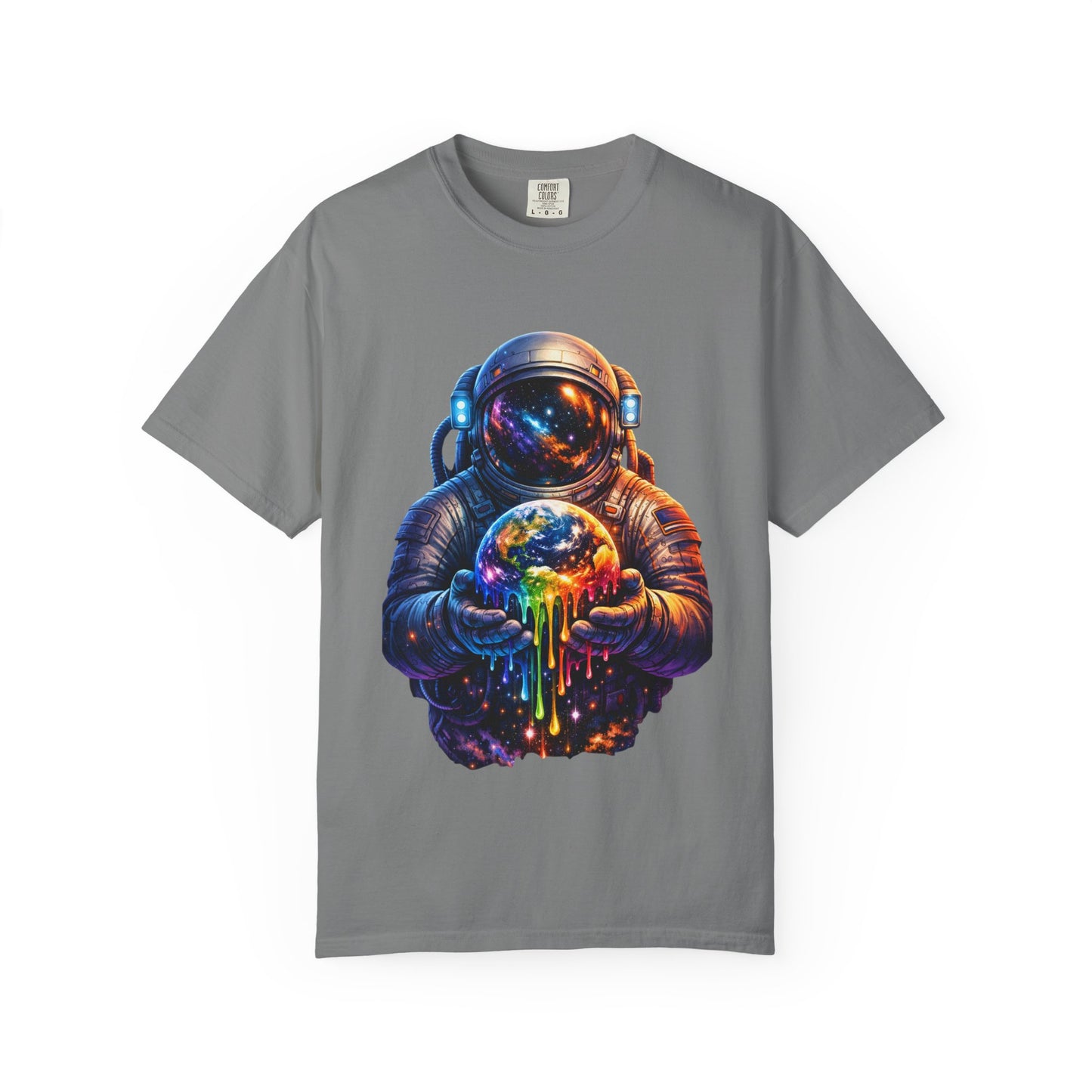 Astronaut Holding Melting Planet T-Shirt — Psychedelic Space Graphic Tee