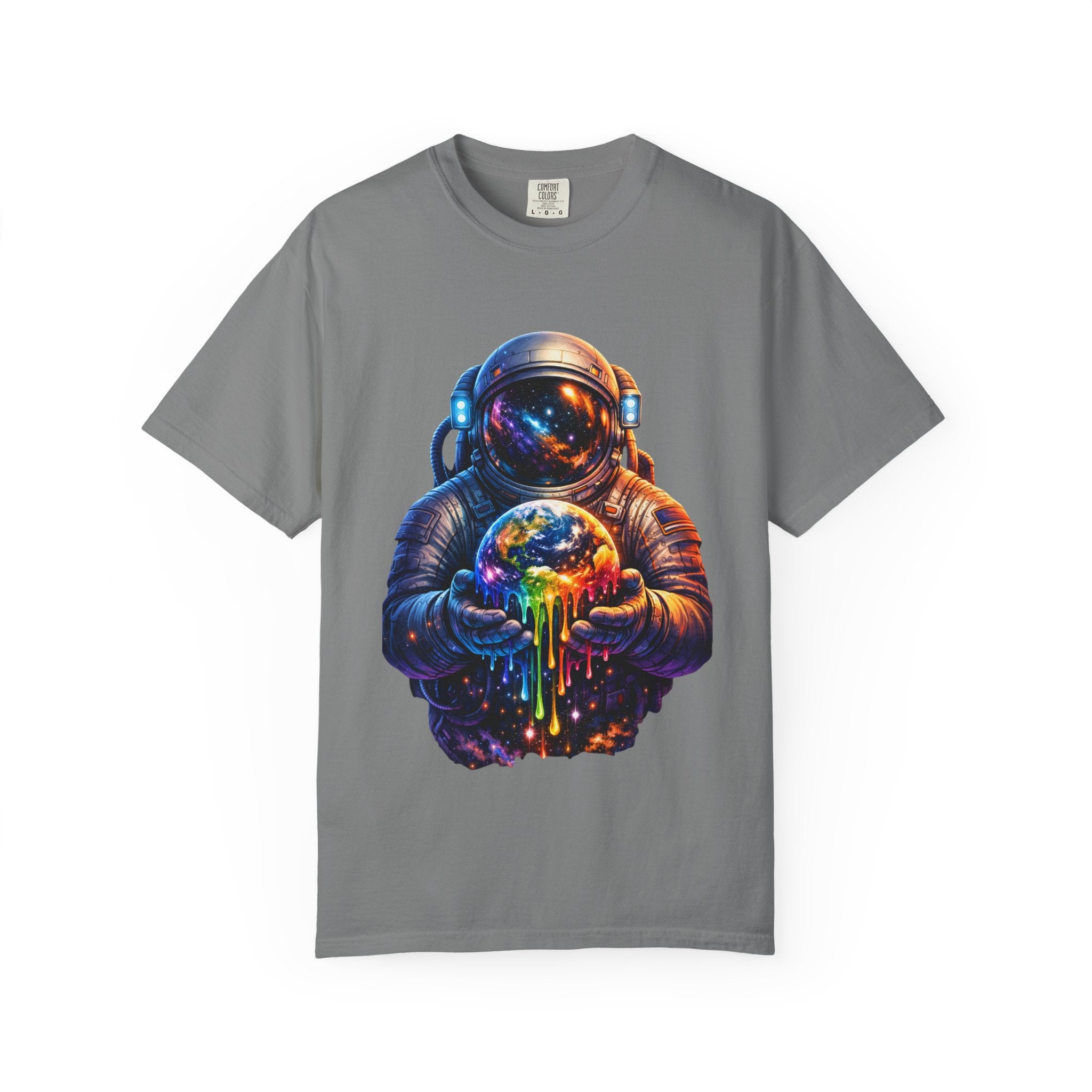 Astronaut Holding Melting Planet T-Shirt — Psychedelic Space Graphic Tee