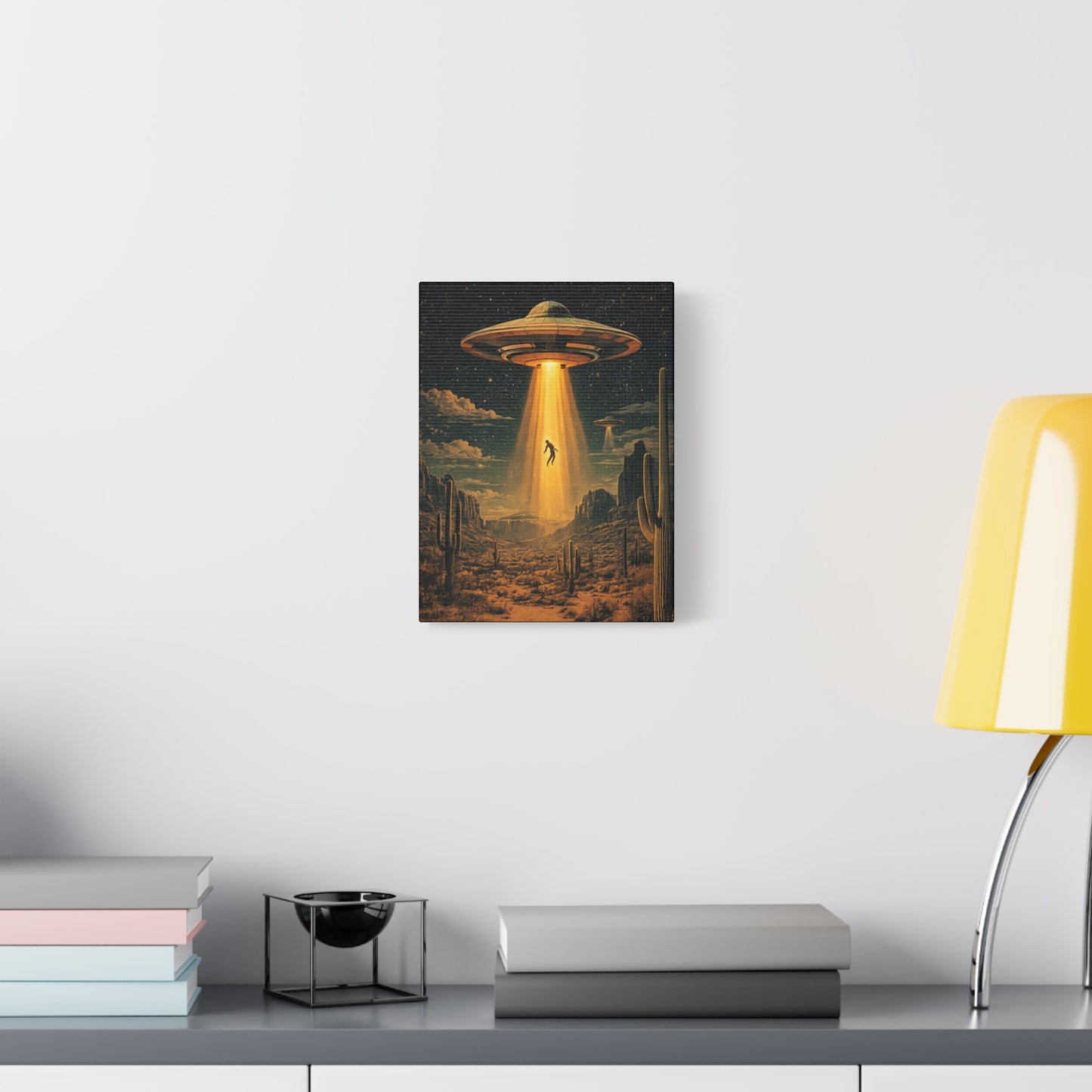 UFO Abduction Matte Canvas Wall Art — Retro Sci‑Fi Alien Beam Stretched Print
